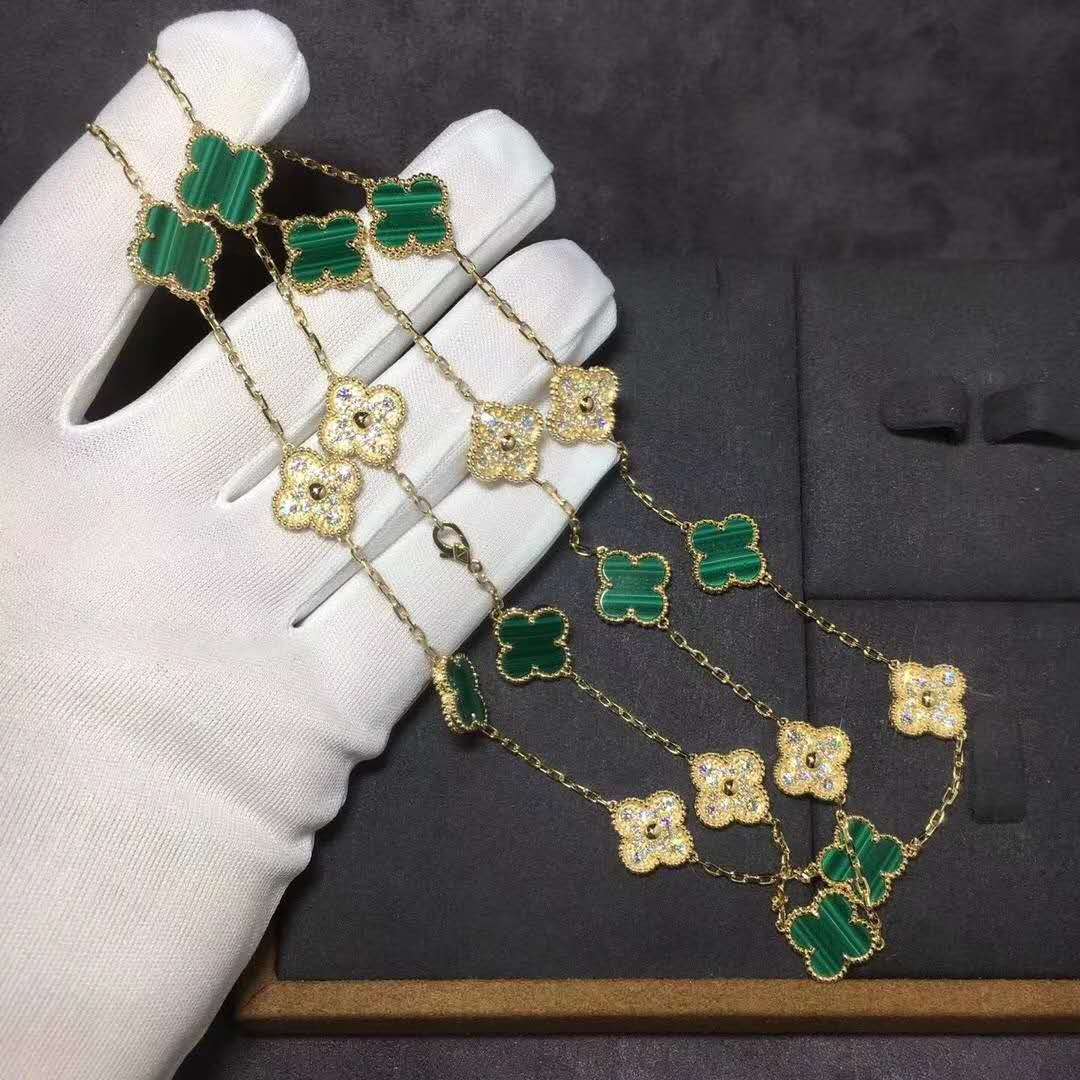 Van Cleef sur mesure & Sautoir Arpels Vintage Alhambra avec 20 Motifs en or jaune 18 carats,Malachite et diamants