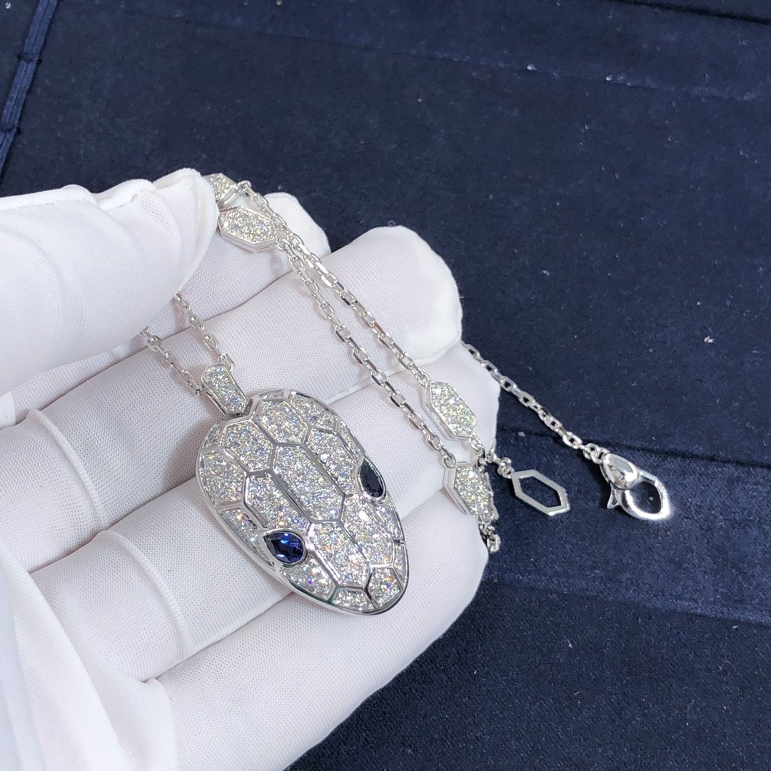 عقد بلغاري سيربنتي مخصص من الذهب الأبيض عيار 18 قيراطًا,عيون الياقوت,سلسلة & قلادة مرصعة بالماس