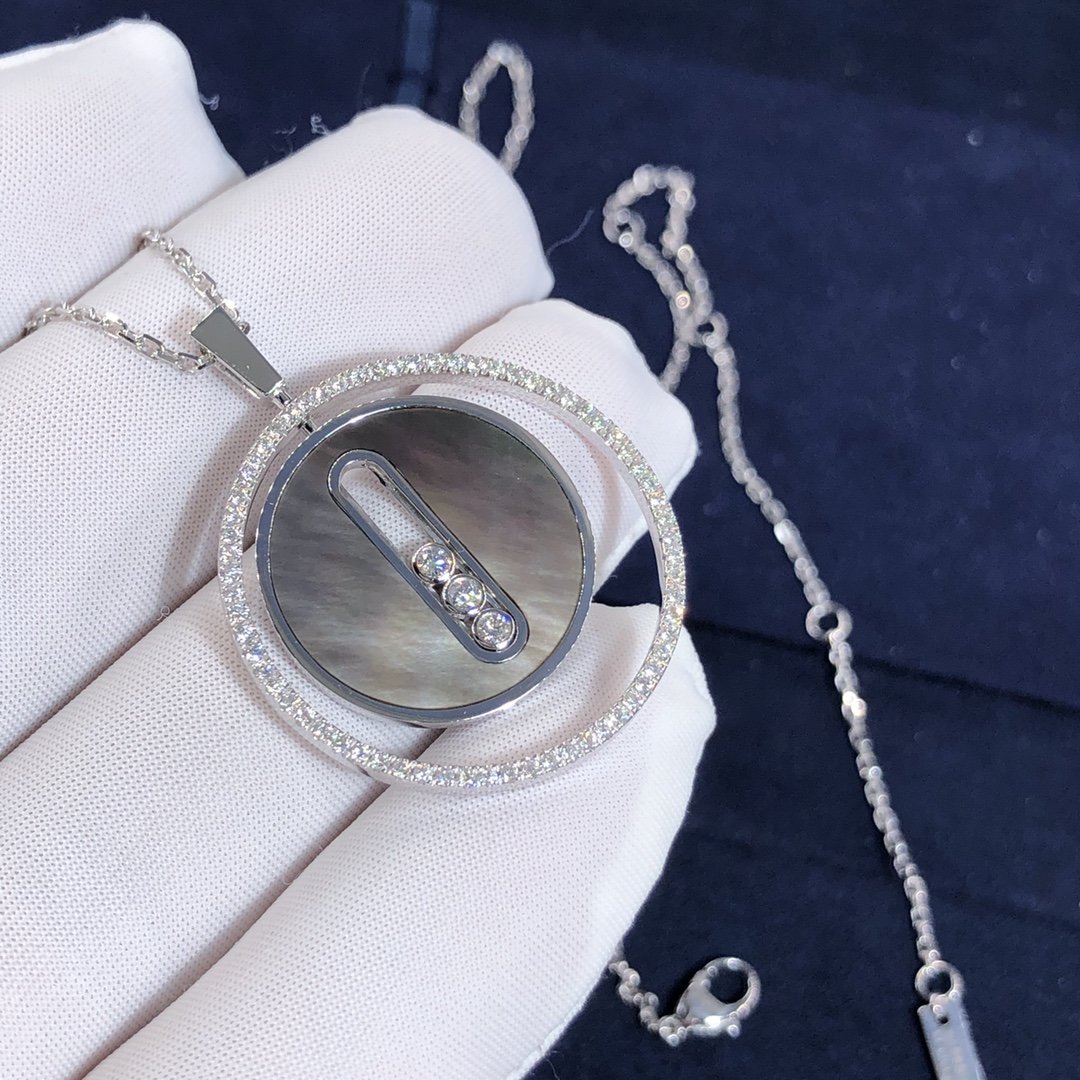 Personnalisez le long collier Messika Lucky Move en or blanc 18 carats,Nacre grise et diamants