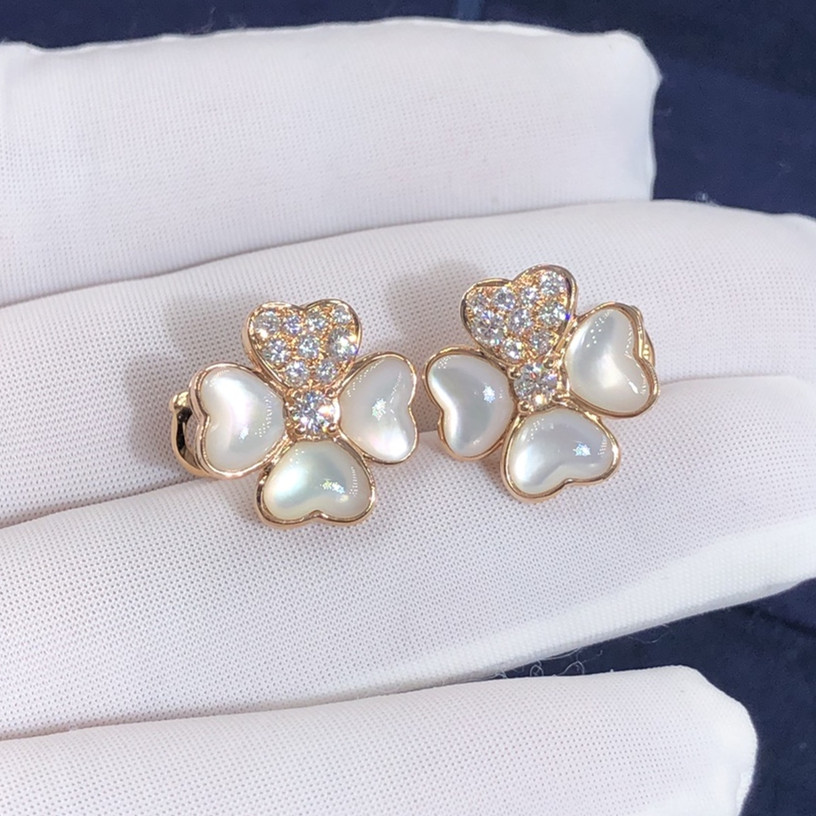 Boucles d'oreilles VCA Cosmos sur mesure en or rose 18 carats,Nacre blanche avec diamants ronds,Petit modèle