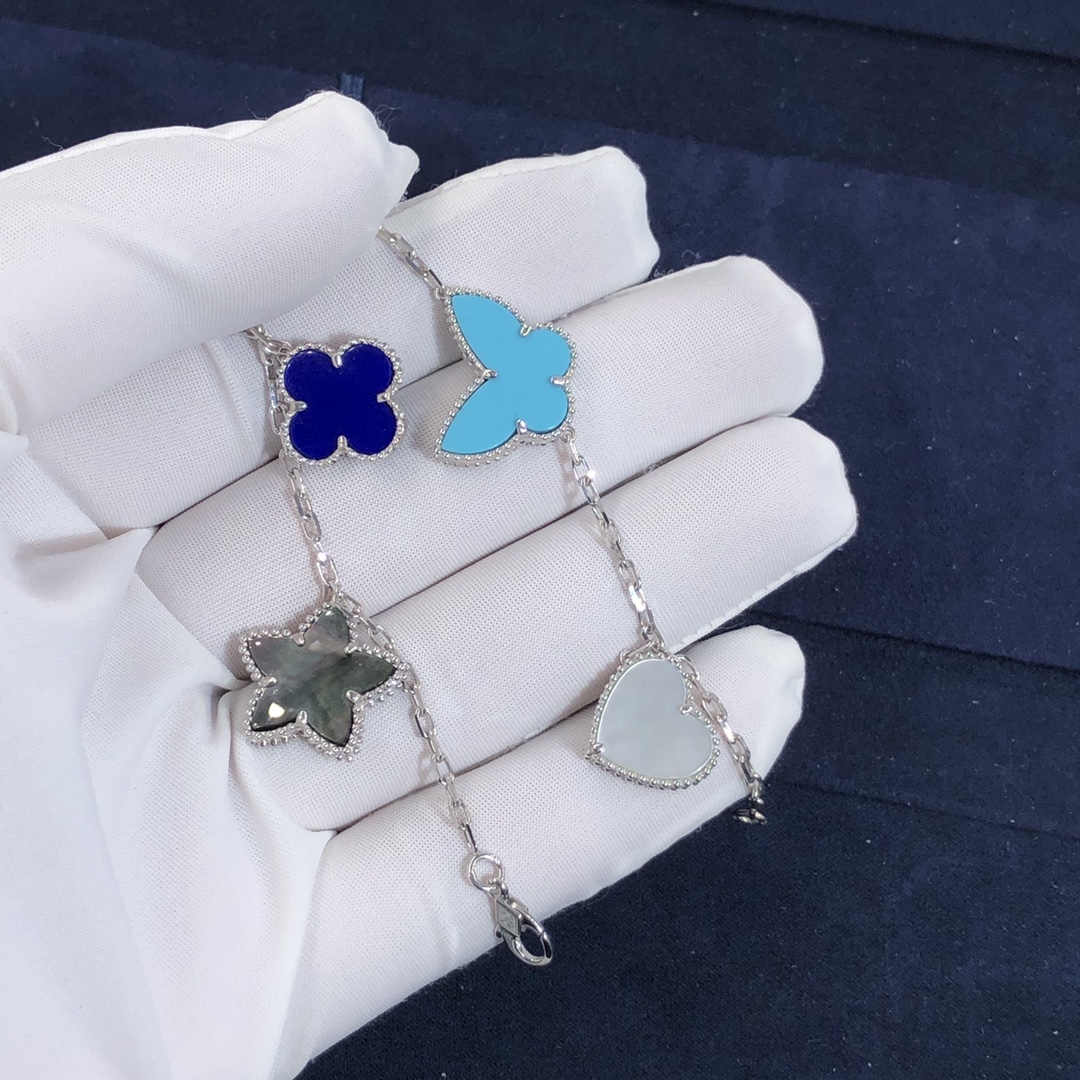 VCA Lucky Alhambra 4 Bracelet Motifs sur mesure en or jaune 18 carats,Porcelaine bleue de Sèvres,Turquoise,Nacre et nacre grise